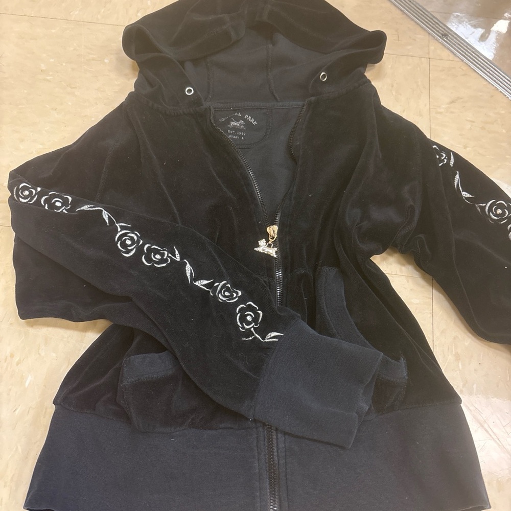 Y2k Black Velvet zip up jacket with Floral Detail